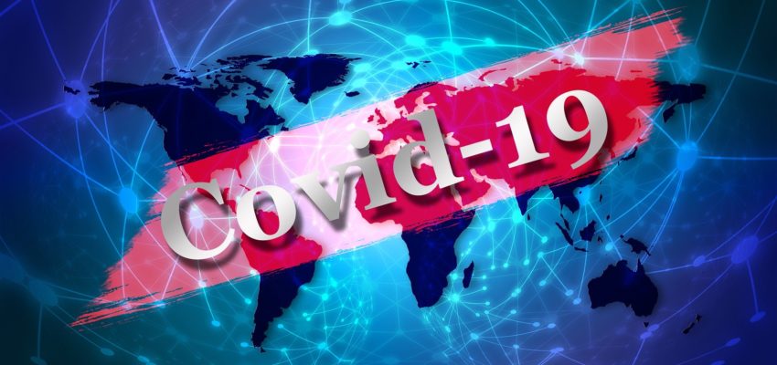 Grafik, die das Wort Covid-19 mit der Welt vernetzt